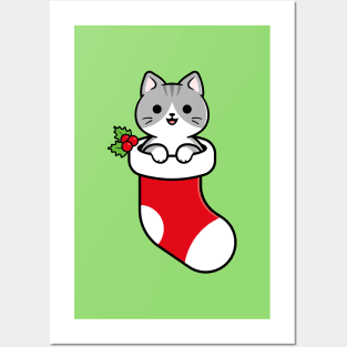 Cute Gray Tabby Cat Inside a Christmas Stocking Posters and Art